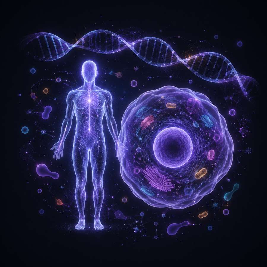 A luminous human figure, DNA helix and cell
