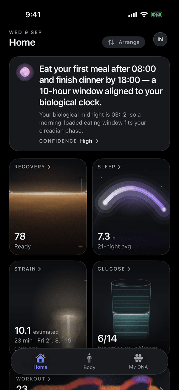 Indaga iOS prototype home screen with a daily circadian recommendation and recovery, sleep, strain, and glucose cards